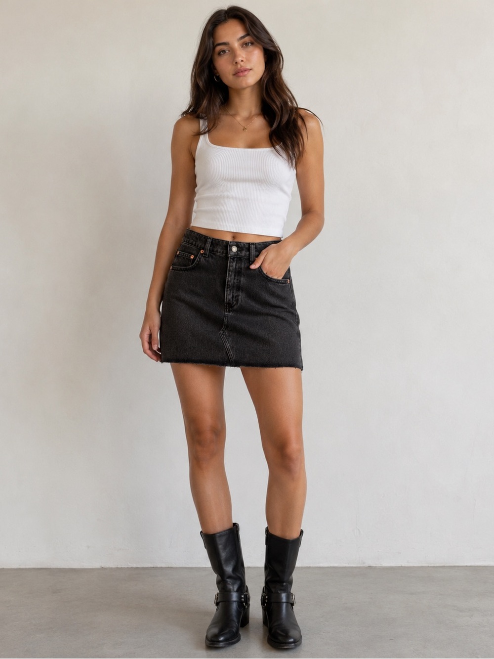 Topshop Black Denim Mini Skirt - Raw Hem